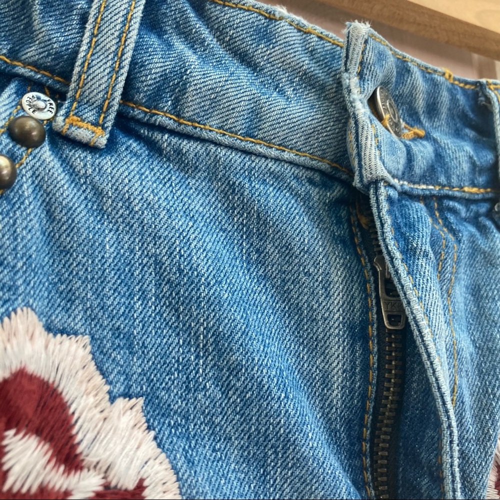 Free People Wild Rose Distressed Floral Embroidered Studded Denim Mini Skirt - Picture 7 of 12